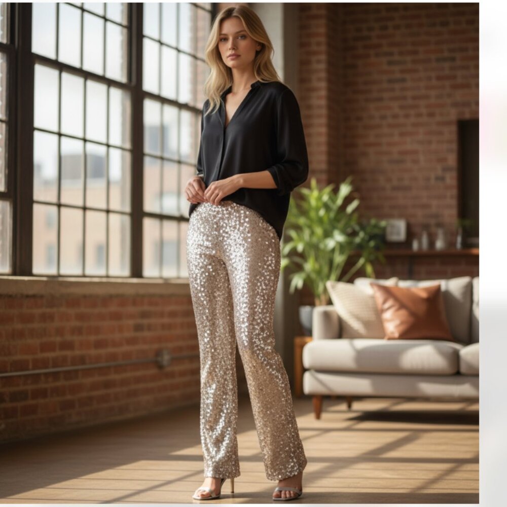 BNWT Zara Gold Sequin High Waisted Wide Leg Pants Sparkly Glam Statement Festive